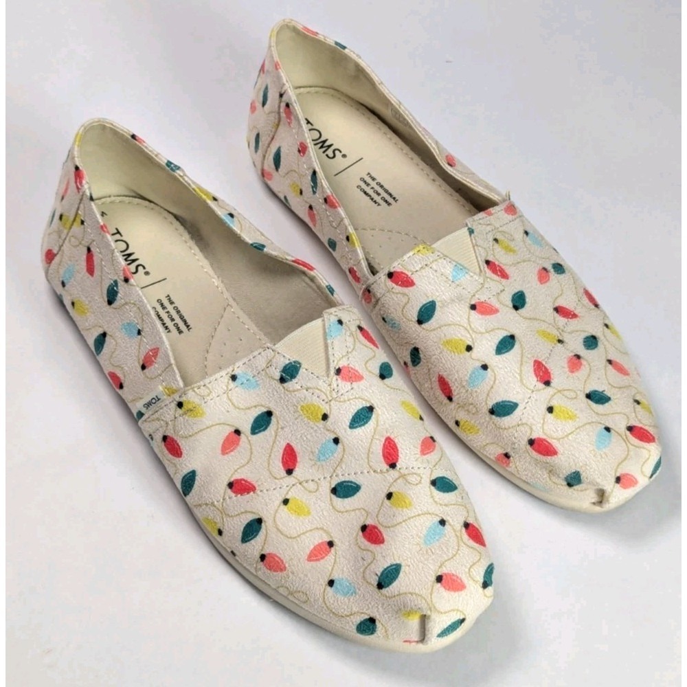 TOMS Belmont Christmas Lights Slip On Flats Women's 6 M Holiday Canvas